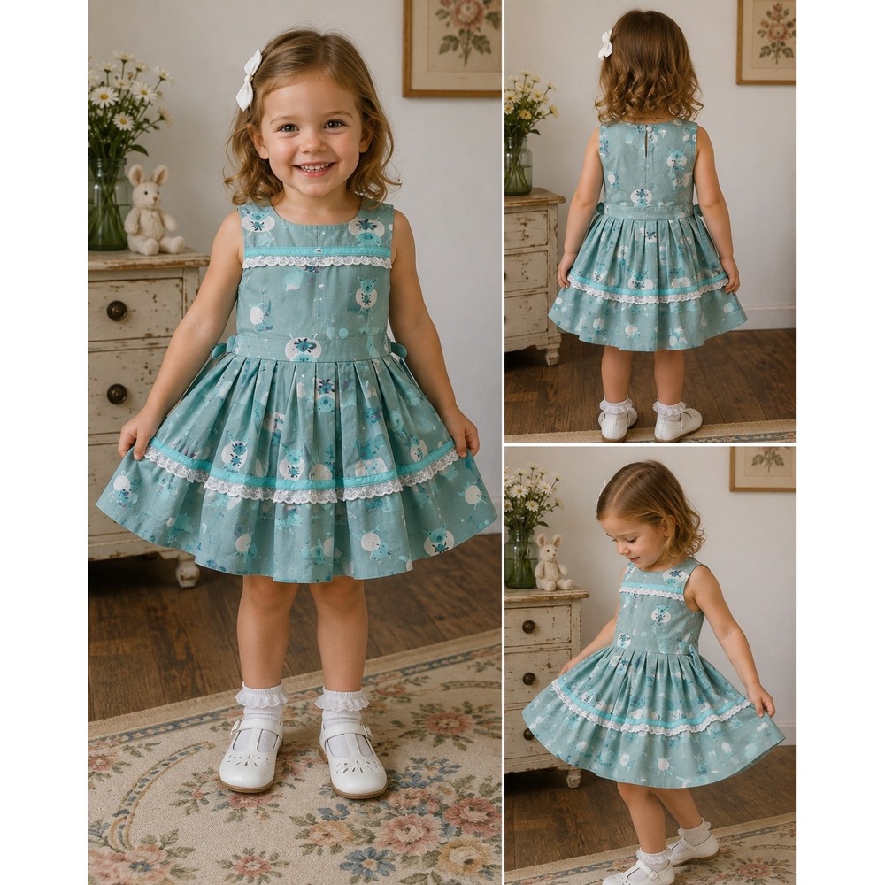 Handmade Vintage 1960s Girls Dress Aqua Blue Woodland Animal Lace Trim Pleated